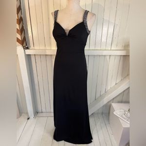 Black with embellished straps sheer back and cascading ruffle back prom gown 6